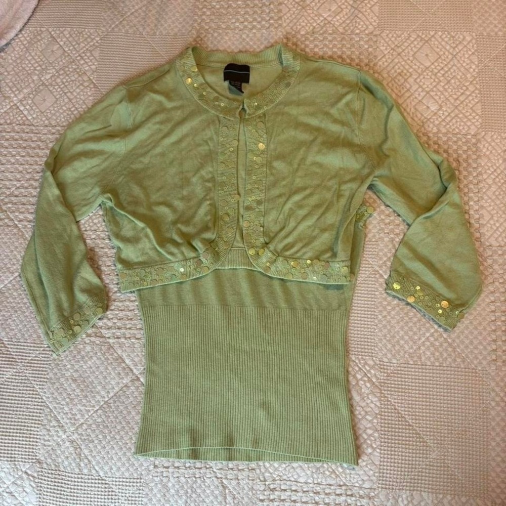 90s Pastel Green sequin long sleeve tank top with matching cardigan - Picture 2 of 7